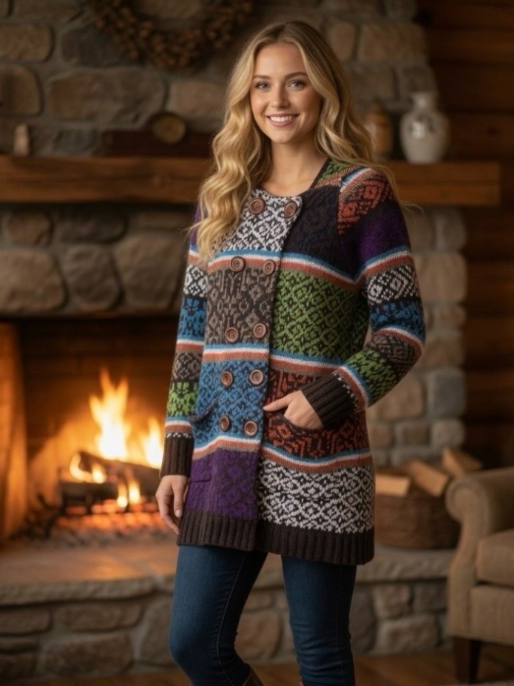 Joy Joy Knit Grannycore Hooded Double Button Down Patchwork Sweater Cabincore